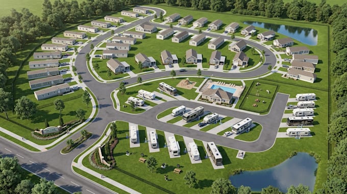 do property cgi, 3d site plan, rv park, subdivision layout with rendering