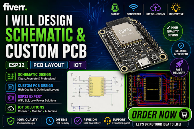 design schematic, custom pcb drawing, esp32, pcb layout, iot, raspberry, kicad