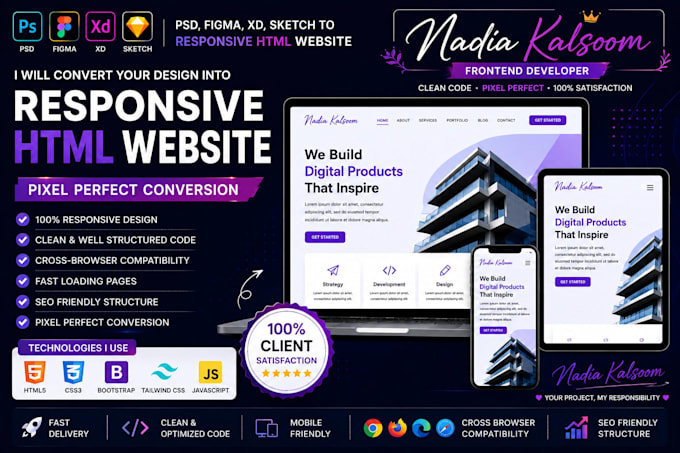 convert PSD, figma, xd to responsive HTML CSS bootstrap