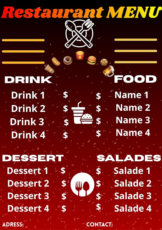 create a modern restaurant menu for you
