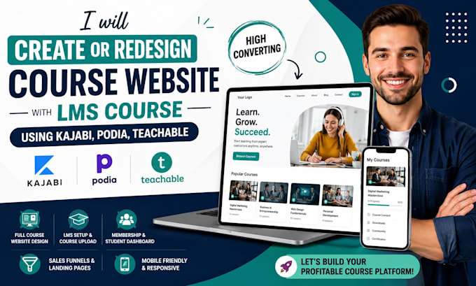 create or redesign course website with lms course using kajabi, podia, teachable