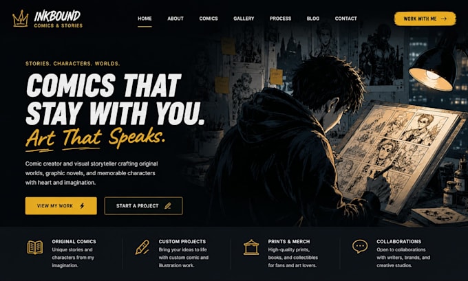design squarespace comic creator website graphic novel website artist portfolio
