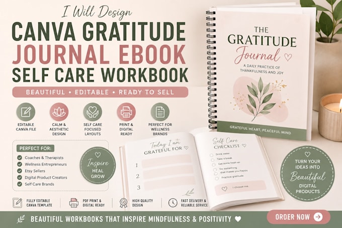 design canva gratitude journal ebook self care workbook template