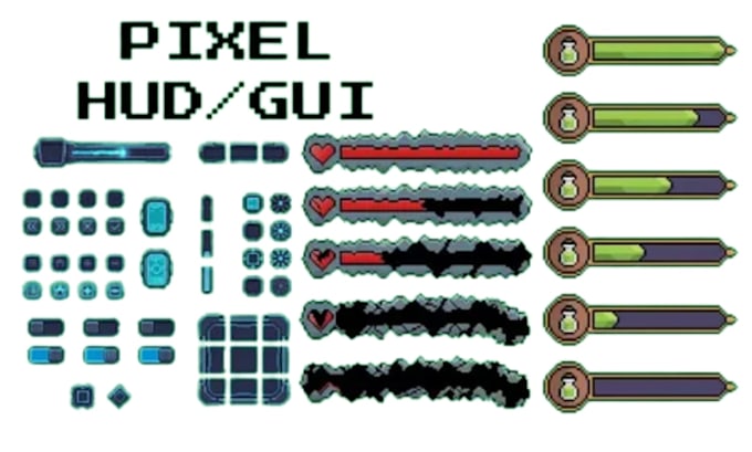create pixel art game UI, hud, bars, frames and retro gui assets