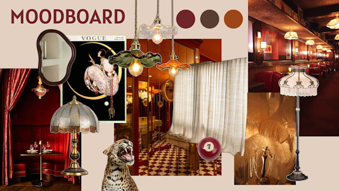 create a warm mid century interior design moodboard