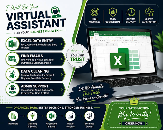 do excel data entry, find emails, data cleaning, admin support