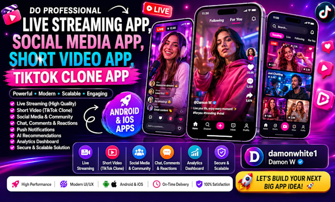 develop live streaming app, tik tok clone app, shrot video app