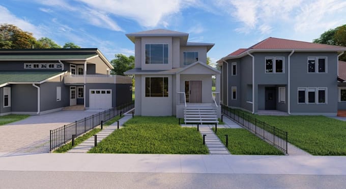create 3d front yard landscape design, house outdoor space render,rear extension