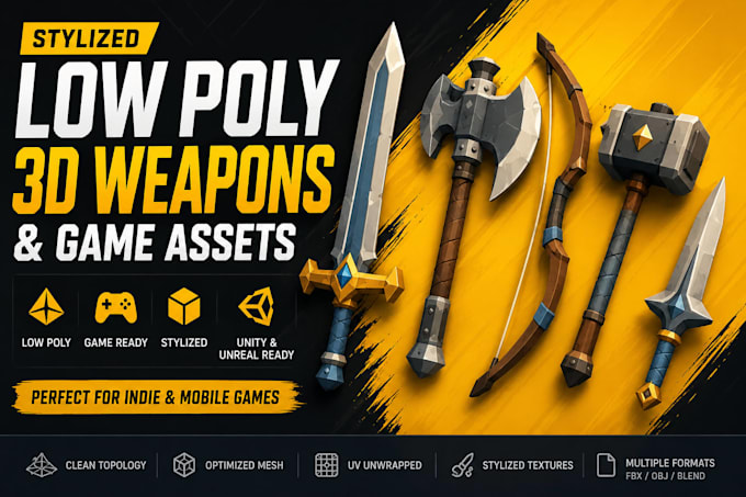 create stylized and realistic low poly 3d weapon and game assets