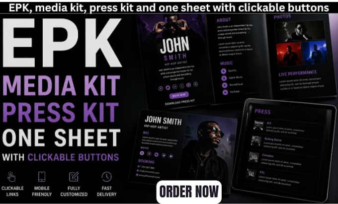 design epk, media kit, press kit and one sheet with clickable buttons