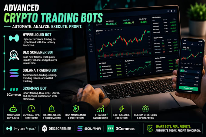 develop advanced hyperliquid bot, dex screener bot, solana trading bot, 3commas