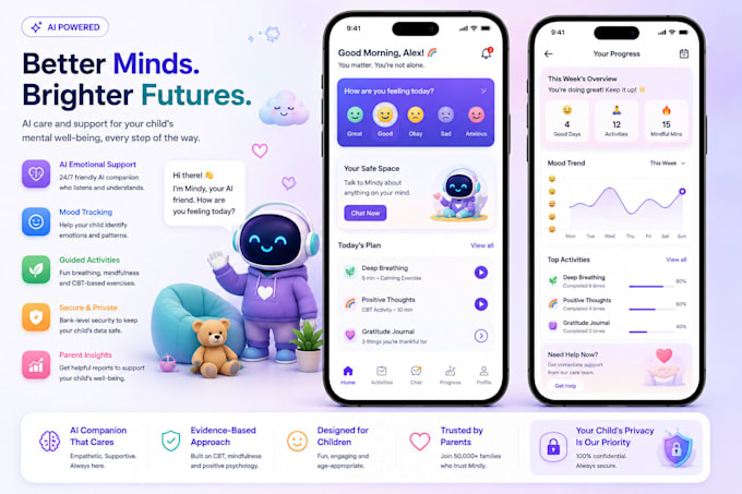 develop ai child mental health app, mood tracker app, emotional support app