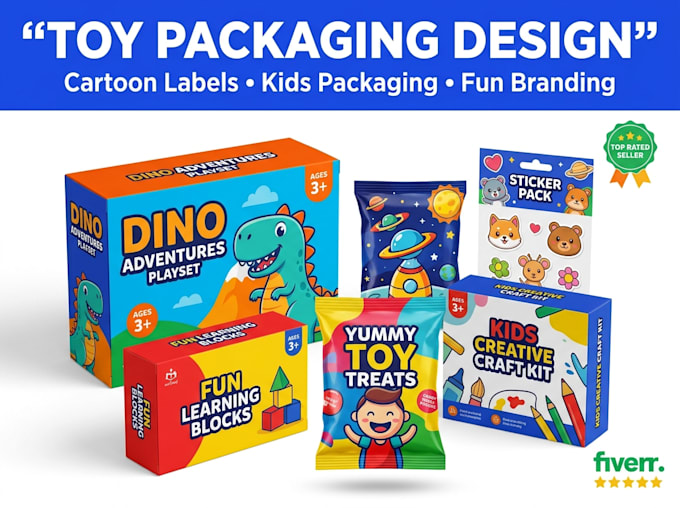 design toy brand packaging, kids product, cute sticker labels, cartoon packaging