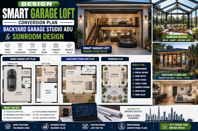 design smart garage loft conversion plan and backyard garage studio adu sunroom
