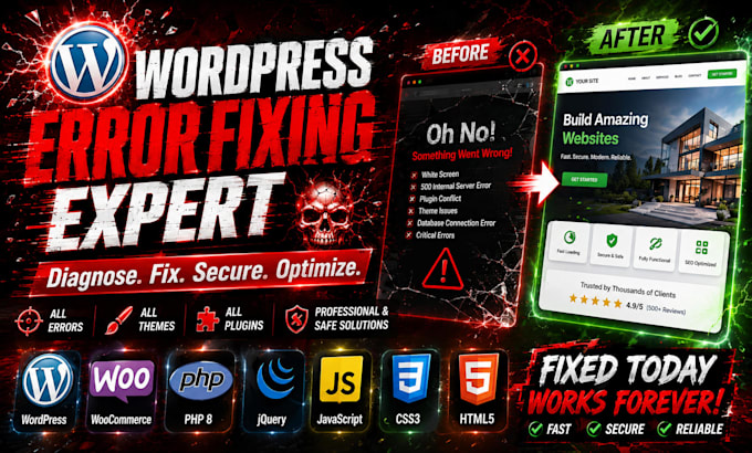 fix wordpress errors 500 404 and plugin issues in 1 hour