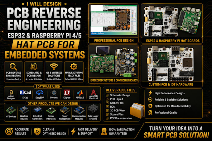 design esp32, raspberry pi hat and pcb reverse engineering for embedded systems