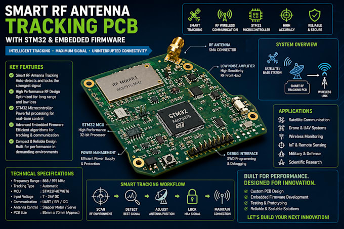 develop smart rf antenna tracking pcb with stm32 and embedded firmware