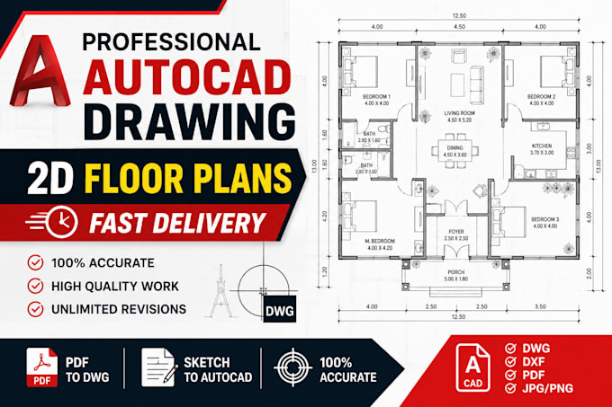 redraw floor plans, sketches, and PDF to autocad