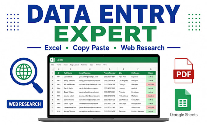 do data entry, copy paste, web research, and excel google sheets tasks