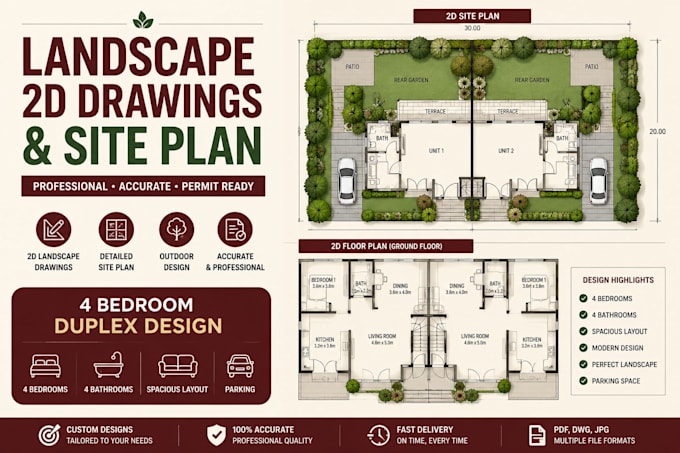 design 2d landscape plan, 2d site plans and 2d floor plan