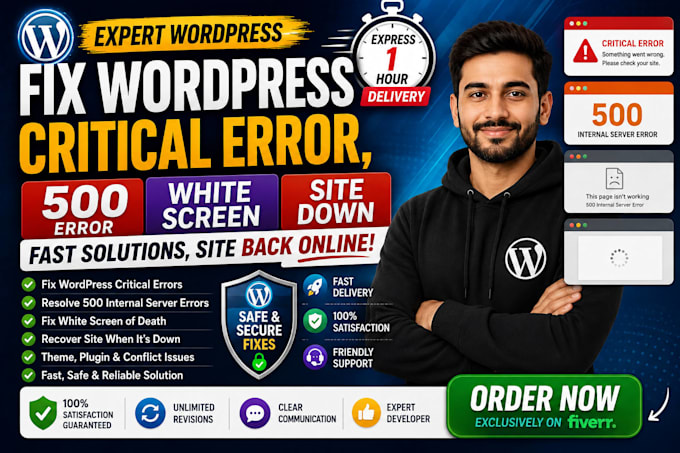 fix wordpress critical error, 500 error, white screen and site down