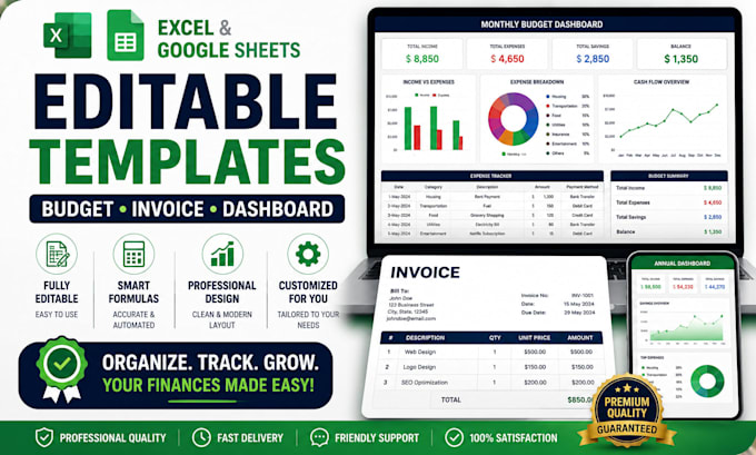 design editable excel or google sheets budget spreadsheet, invoice template