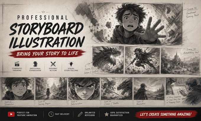 create cinematic youtube storyboard illustrations