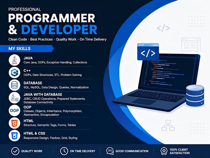 create java, cpp and sql database projects  work on word, excel professionally