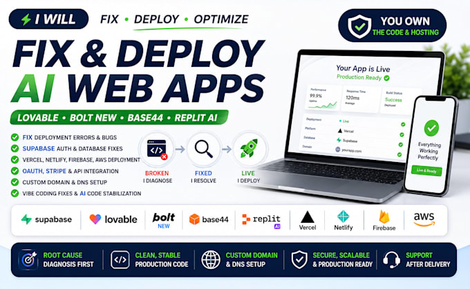fix lovable bolt new base44 supabase replit ai web app deploy aws vercel netlify