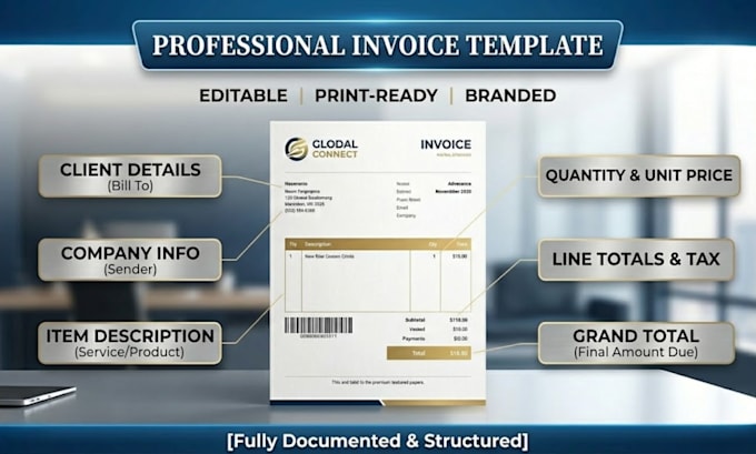design professional invoice template word, excel and PDF