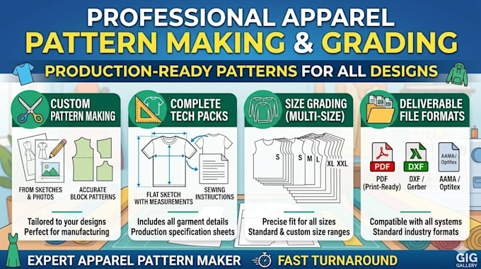 do professional digital pattern making, grading, marker and tech packs