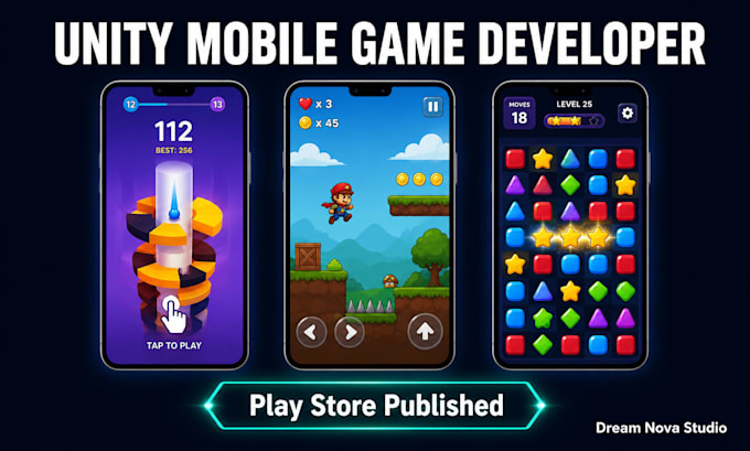 develop a hyper casual, 2d or puzzle mobile game in unity for android and