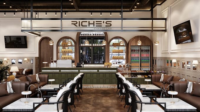 do luxury restaurant interior design, lounge, cafe 3d render and bar cgi