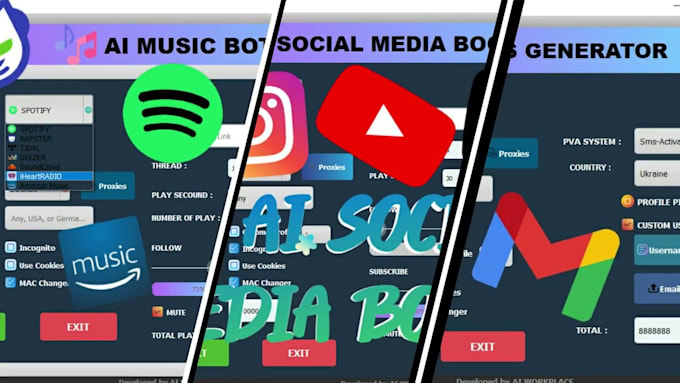 create spotify streaming bot, amazon music bot, tidal bot, deezer bot, music bot