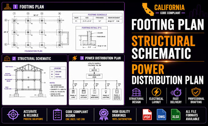 create california footing plan, structural schematic, power distribution plans