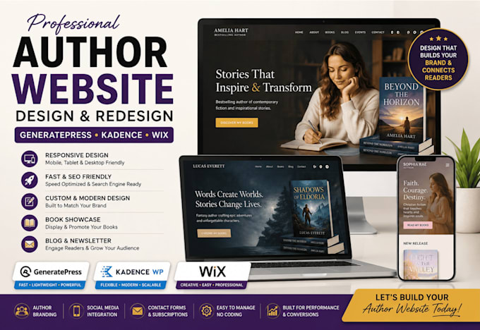 design a professional author website using kadence, generatepress, or wix