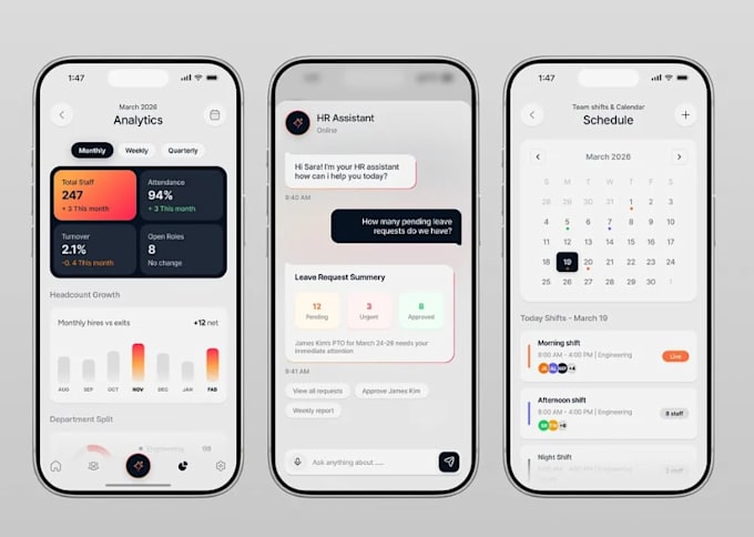 develop shift management app, employee management app, staff payroll app, HR app
