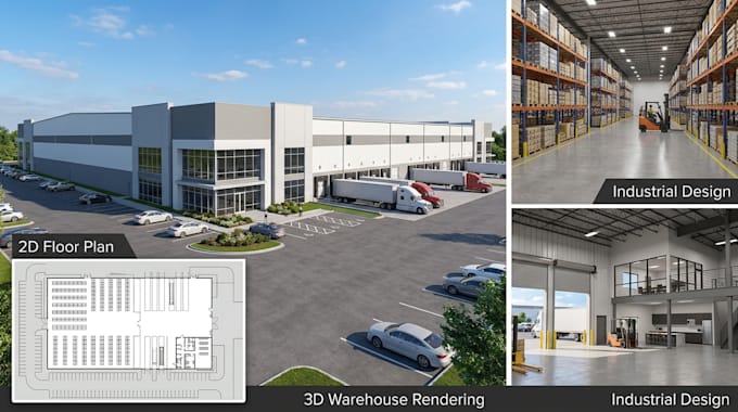 design warehouse 2d floor plan, industrial building, factory and  3d rendering