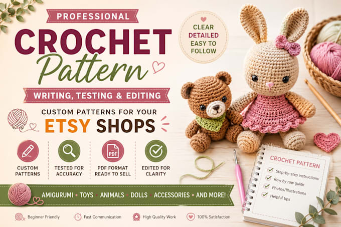 create crochet patterns, custom crochet, etsy, pattern writing, pattern editing