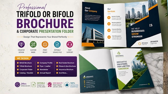 design professional trifold or bifold brochure, corporate presentation folder