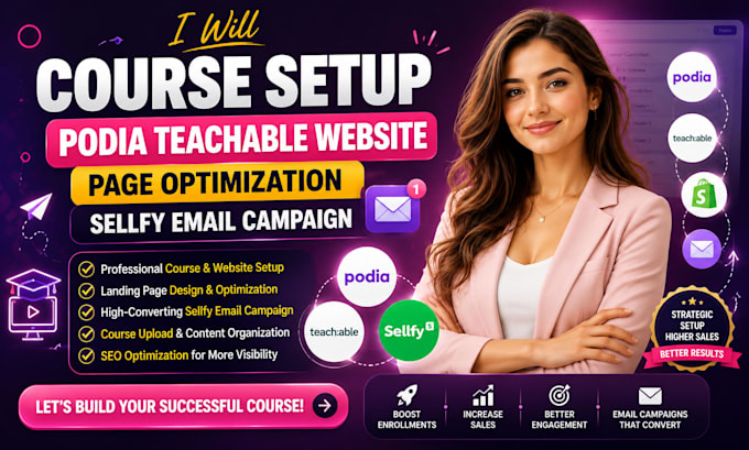 course setup podia teachable website, page optimization,  sellfy email compaign