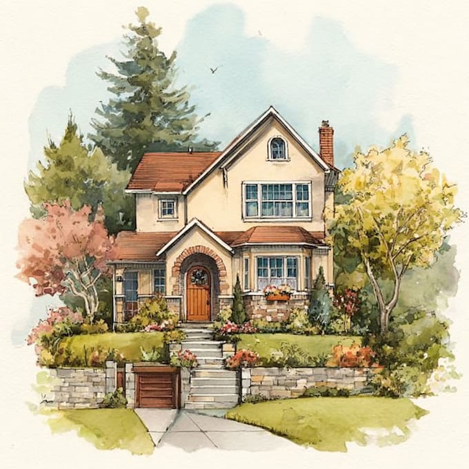 make elegant watercolor mansion and architectural artwork