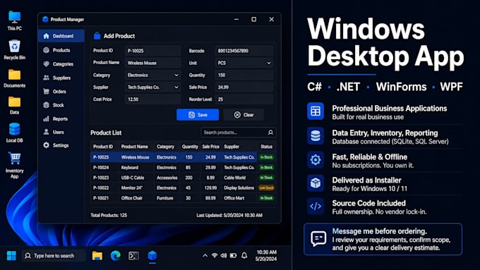 build c sharp winforms or wpf desktop app with dot net  for windows