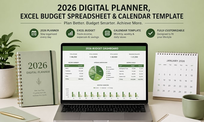 create a 2026 digital planner, excel budget spreadsheet and calendar template