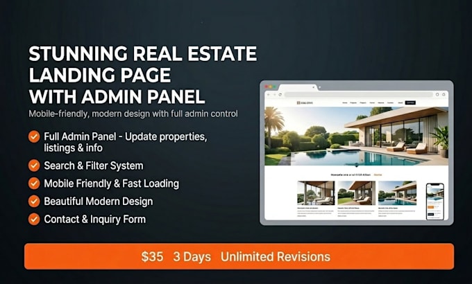 create a professional real estate landing page with admin panel