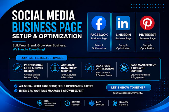 create, setup, and optimize your business pages for facebook, linkedin, and pint