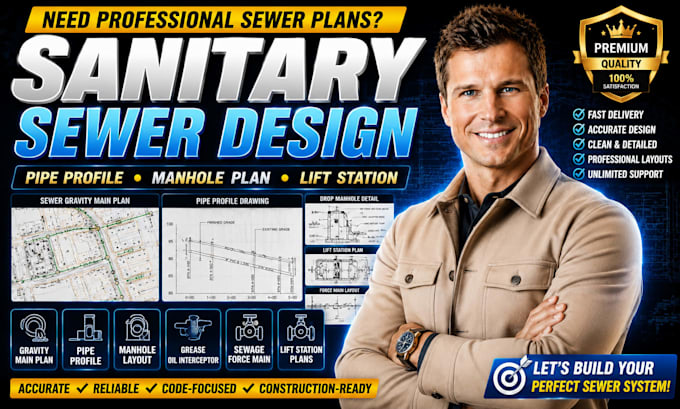 do sanitary sewer gravity main plan, pipe profile, manhole layout, lift station