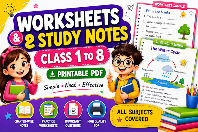 create worksheets and study notes for class 1 to 8 students
