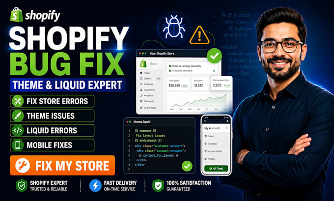 fix shopify theme bugs, liquid errors and store issues