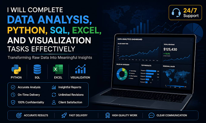 complete data analysis, python, sql, excel, and visualization tasks effectively